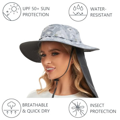 BASSDASH UPF 50+ Mosquito Sun Hat with Hidden Head Net and Neck Flap for Men Women Outdoor Fishing Hiking Camping - color: Light Grey Camo
