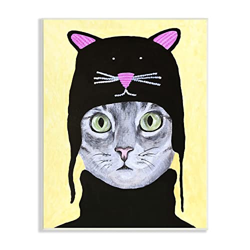 Stupell Industries Adorable Grey Cat Wearing Hat Black Turtleneck Yellow Background, Design by Coco de Paris - size: 10"L x 15"W