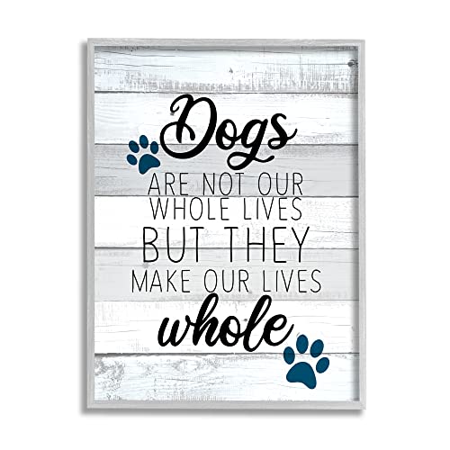 Stupell Industries Dogs Make Our Lives Whole Paw Icon Striped Backdrop, Design by Kim Allen - size: 14"L x 11"W, style: Gray Framed
