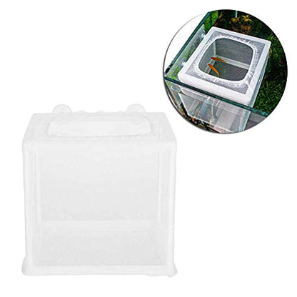 Fish Breeder Box Aquarium Incubator Transparent Plastic Isolation Tank for Newborn Fry Protection 15.7x14x14.9cm with 4 Suction Cups Mesh Net and Stand Columns