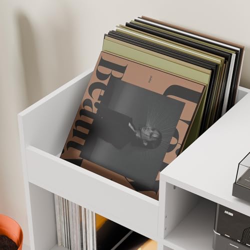 Large Record Player Stand with Vinyl Storage Cabinet, Wood Turntable Table Open Shelf Holder Up to 500 Albums Cube Storage Organizer for Living Room, Office, White
