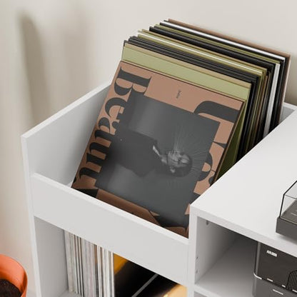 Large Record Player Stand with Vinyl Storage Cabinet, Wood Turntable Table Open Shelf Holder Up to 500 Albums Cube Storage Organizer for Living Room, Office, White