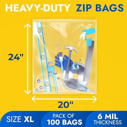 20" x 24" Reclosable Plastic Zip Bags, Pack of 100, 6 Mil Heavy-Duty Clear Poly Bags, Resealable for Food, Clothes, Hardware, Jewelry - size: 20"W x 24"H
