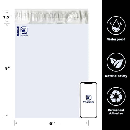 POLYSELLS 200 pcs 6x9 Inches White (Silver) Poly Mailers Shipping Envelopes, Strong Adhesive Sealing, Waterproof, and Tear-resistant Postal Mailing Bags for Small Business, Clothes, Non-Fragile Items - size: 6"x9"