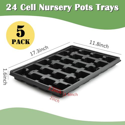 24 Cell Nursery Pots Trays 5 Pack (17"x11"x1.6"), Reusable Plant Pot Tray for Holding 2.8 inch (7CM) Square Nursery Pots, Durable Plastic Carrying Seed Starter Tray with Drain Holes (Black) - color: Black, size: 24 Cell Trays-5 Pack