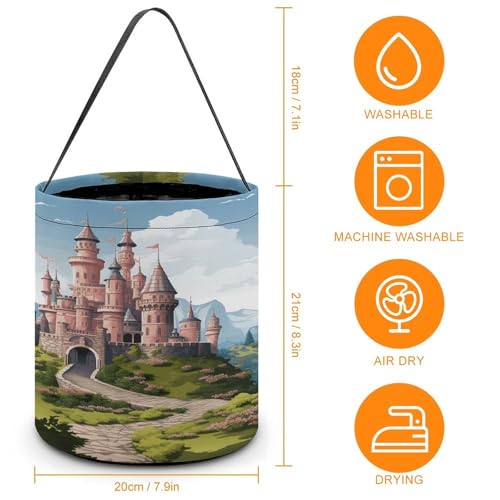 Halloween Trick Or Treat Bags With Handles Collapsible Candy Bucket Reusable Fairy Tale Castle Printed Goody Bucket For Holiday Party Gifts - color: Fairy Tale Castle