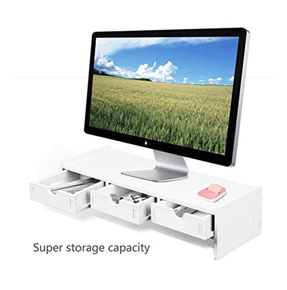 valen Monitor Stand Riser, Computer Laptop Riser Shelf with 3 Organizer Drawers (White, 19.5" L x 7.5" W x 4.7" H) (White)