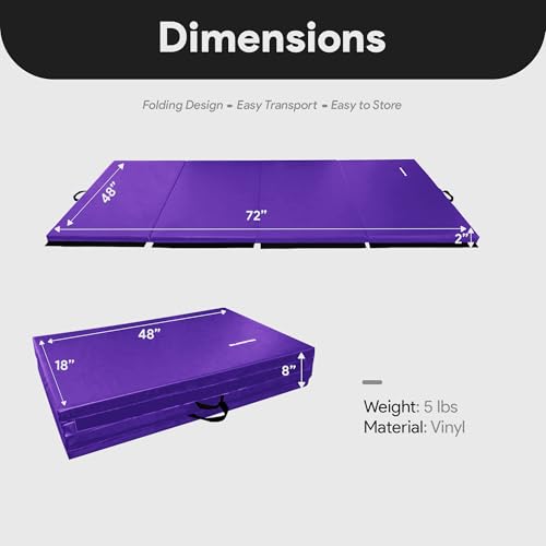 BalanceFrom 6x4 Feet 4-Panel Folding Gymnastics Mat – 2-Inch Thick Pad with Vinyl Surface and Carrying Handles for Tumbling, Yoga, Pilates, Home Workouts, and Martial Arts - color: Purple