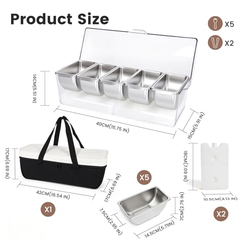 Chilled Condiment Caddy with 5 Removable Stainless Steel Compartments, Includes Portable Insulated Tote Bag and 2 Ice Packs, Serving Tray for Picnic, Outdoor, Party and Travel