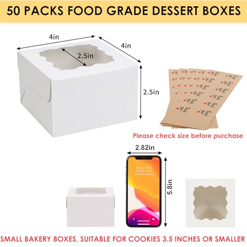 Moretoes 50pcs White Cookie Boxes with Window, 4x4x2.5 Inches Bakery Boxes with 5pcs Stickers for Small Cookies, Treats, Desserts, Chocolate Covered Strawberries, Mini Cake