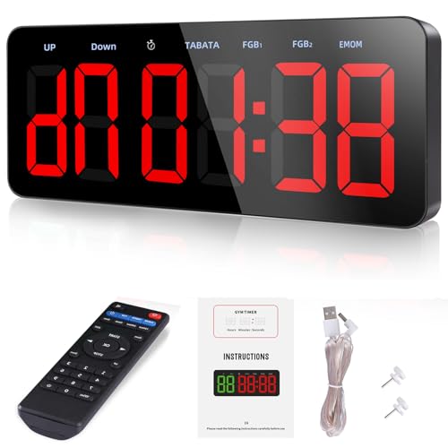 PELLOR Upgraded Gym Timer Clock for FBG/EMOM/Tabata, Interval Timer with Function Modes Display, Countdown/Up Stopwatch Clock for Sports,Home Gym,Yoga,Boxing,Garage,Office,Classroom