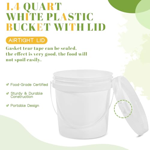 10 Pack 1.4 Quart White Plastic Storage Buckets with Airtight Lids & Built-in Handles, Stackable Portable Containers for Dry Food, Paint, Camping Gear & Fishing Accessories