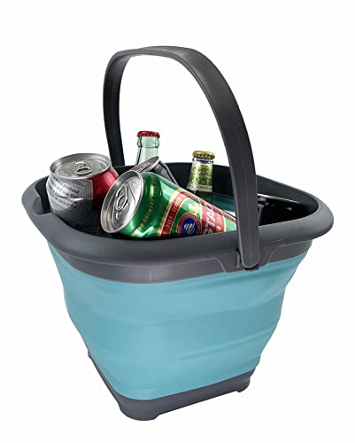 SAMMART 8.5L (2.2 Gallon) Collapsible Square Handy Bucket/Foldable SquareWater Pail/Portable Tub with Handle. Size 31cm (Square) (Grey/Crystal Blue) - color: Grey/Crystal Blue
