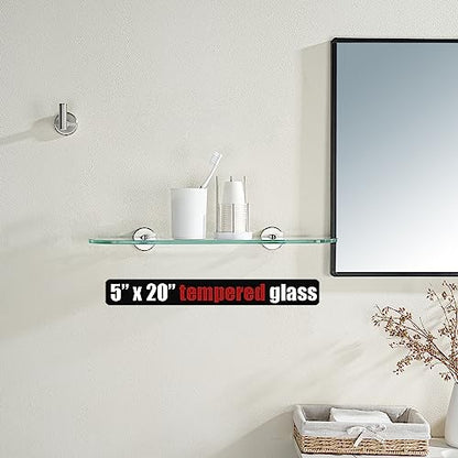 JQK Bathroom Glass Shelf, Tempered Glass Shower Storage 20 by 5 inches, 304 Stainless Steel Brushed Finish Wall Mount, TGS121L20-BN - color: Brushed, size: 20 Inch