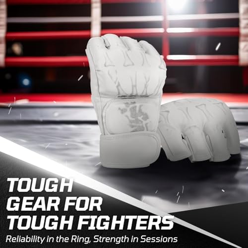 Flexzion MMA Gloves Fingerless Boxing Gloves for Men Women and Teen Youth, UFC Grappling Krav MAGA Kickboxing Gloves for Training Punching Bag Muay Thai Hitting Mitts Cutoff Martial Art Gloves - color: White