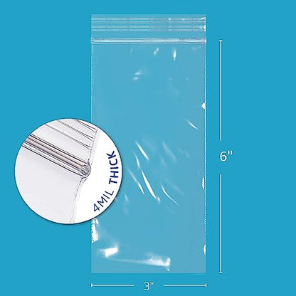 3" x 6" Small Reclosable Zip Bag - Heavy-duty 4 Mil, Bulk Case of 100 - Clear, Resealable Zip Top Lock for Storage & Packaging Food, Nuts, Bolts & Screws. - size: 3" x 6"
