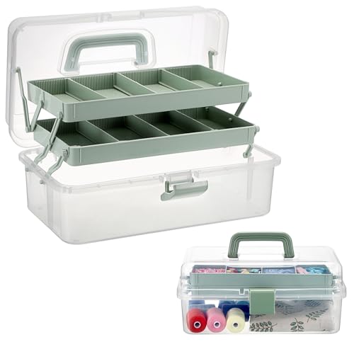 BTSKY 3-Layer Clear Plastic Dividing Storage Box Craft Organizer and Storage with Adjustable Spacers Portable Handled Art Supply Organizer Multipurpose Home Utility Box Sewing Organizers (Haze Green) - color: Clear+Green