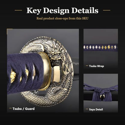 Hand Forged 1045 Heat-Tempered Katana, Full Tang Sword - color: Dragon Tsuba