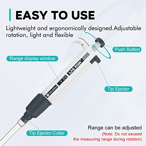 LAB FISH Laboratory Micropipette 1000-5000ul Capacity Range High Accurate Single Channel Pipettor Manual Adjustable Volume Pipettes Increment 50ul with 40pcs 5000ul Pipette Tips Set