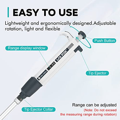LAB FISH Laboratory Micropipette 1000-5000ul Capacity Range High Accurate Single Channel Pipettor Manual Adjustable Volume Pipettes Increment 50ul with 40pcs 5000ul Pipette Tips Set