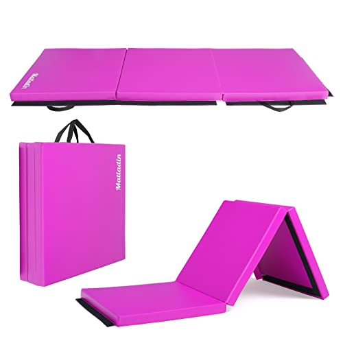 Matladin 6' Folding Tri-fold Gymnastics Gym Exercise Aerobics Mat, 6ft x 2ft x 2in PU Leather Tumbling Mats with Hook & Loop Fastener for Stretching Yoga Cheerleading Martial Arts - color: 'Purple