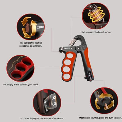 Grip Strength Trainer, Hand Grip Strengthener, Forearm Strengthener, Adjustable Resistance 11 Lbs - 220 Lbs, Ergonomic Design - color: red