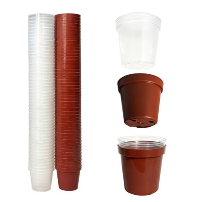 100 Pack 2 Inch Round Nursery Pots, 50 Clear and 50 Red Seedling Starter Pots, Plastic Plant Pots with Drainage Holes, for Seed Germination, Root View and Light Blocking - color: Clear + Red (100pcs)