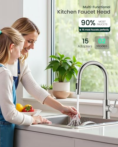 Metal Kitchen Faucet Head Replacement, 2-Mode Pull Down Kitchen Faucet Spray Head with 15 Adapters, High Pressure Sink Sprayer Nozzle Stainless Steel, Brushed Nickel - color: Brushed Nickel