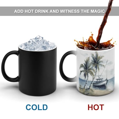 Palm Trees Fishing Boat Color Changing Mug Heat Changing Mug Ceramic Mug Heat Reactive Black Mug Tea Cup Message Appears As It Heats Birthday Holiday Gift for Family Friend