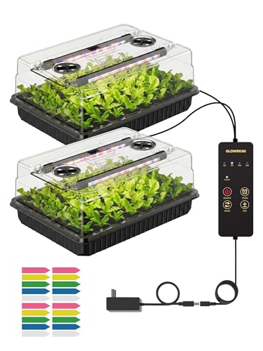 GLOWRIUM Seed Starter Tray with Grow Lights, 2 Pack 108-Cell Seed Starter Kit with 4.3" Humidity Dome, Indoor Seedling Starter Tray with 3/9/12/16h Timer, Adjustable Brightness Seed Starting Trays