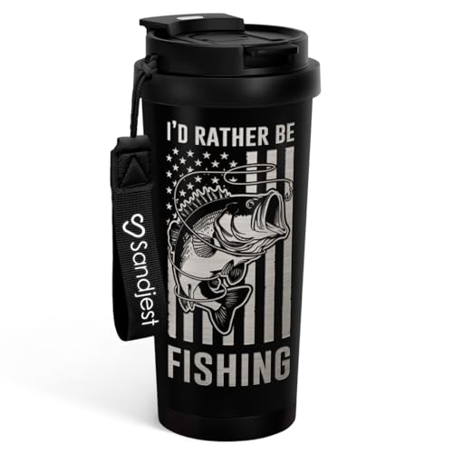 SANDJEST Fishing Tumbler - Stainless Steel 2-in-1 Lid Coffee Tumbler 18 oz, Insulated Travel Mug Gift for Men Husband Dad, Birthday Christmas