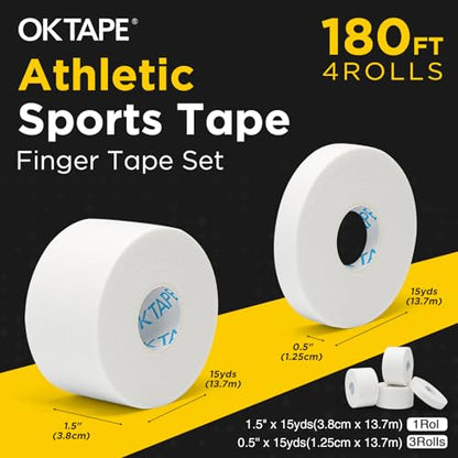 OK TAPE Athletic Tape Finger Tape, 3 Rolls 1.5" x 15yds and 1 Roll 0.5in x 15yds - color: White, size: 1.5" x 15yards-3rolls and 0.5in x 15yards-1rolls