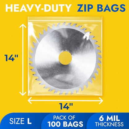 14" x 14" Reclosable Plastic Zip Bags, Pack of 100, 6 Mil Heavy-Duty Clear Poly Bags, Resealable for Food, Clothes, Hardware, Jewelry - size: 14"W x 14"H