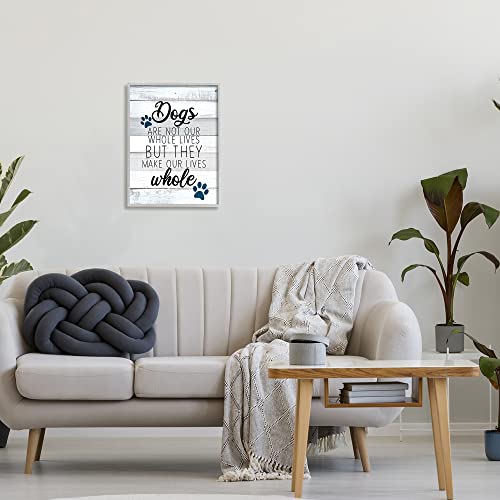 Stupell Industries Dogs Make Our Lives Whole Paw Icon Striped Backdrop, Design by Kim Allen, Grey, 16 x 20 - size: 16"L x 20"W, style: Gray Framed