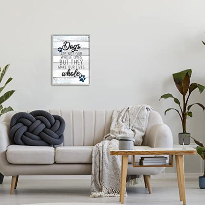 Stupell Industries Dogs Make Our Lives Whole Paw Icon Striped Backdrop, Design by Kim Allen, Grey, 16 x 20 - size: 16"L x 20"W, style: Gray Framed