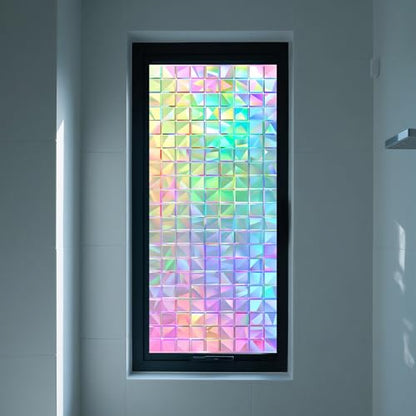 Window Privacy Film Iridescent Tint Stained Glass Window Film Decorative Static Cling Non Adhesive Removable Reusable Window Cling for Bathroom Shower Windows Anti Glare UV Blocking 17.7x39.4 Inch