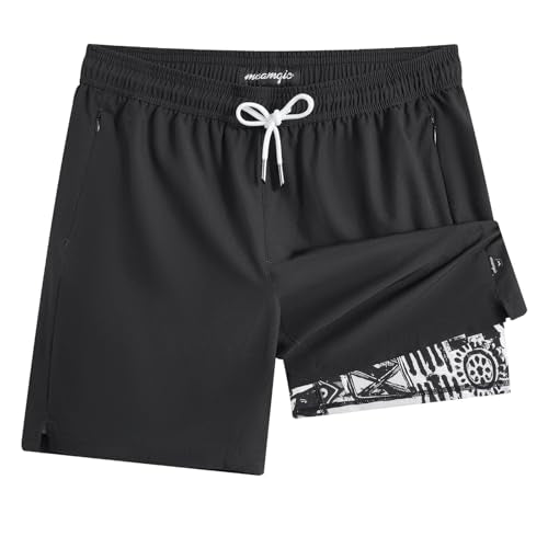 maamgic Mens Swim Trunks - Mens Bathing Suit with Compression Liner 7 Inch Quick Dry Fshion Stretch Zipper Pockets Swimwear - color: Black Floral, size: XX-Large