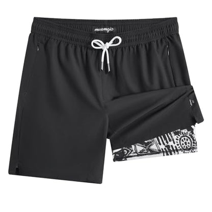 maamgic Mens Swim Trunks - Mens Bathing Suit with Compression Liner 7 Inch Quick Dry Fshion Stretch Zipper Pockets Swimwear - color: Black Floral, size: XX-Large