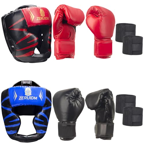 8-Piece Boxing Gloves Set with 2 Headgear and 4 Hand Wraps, PU Leather Black Red Protective Gear for Men, Women, Kids, and Youth MMA Training Sparring - size: Large