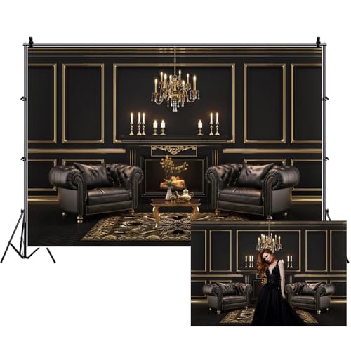 Fabric Vintage Room Furnishing Backdrop Interior Black Golden Wall Background Sofa Chandelier Decoration Photo Shoot Studio Props Video Drop Wallpaper Drape 6x4ft - color: XH003, size: 6Wx4H FT