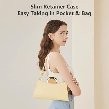 Retainer Case with Mirror, Cute Retainer Holder Case, Slim Aligner Case with Removal Tool, Magnetic Closure, Convenient Orthodontic Case for Invisalign/Night Guard/Mouth Guard - color: Gold