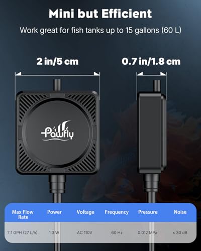Pawfly Mini Aquarium Air Pump, Ultra Quiet Oxygen Aerator Kit for 1-15 Gallon Fish Tanks with Air Tubing, Air Stone, Check Valve & Suction Cups