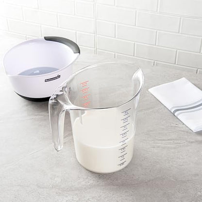 Restaurantware RW Base 4 Quart Measuring Jar 1 Durable Measuring Beaker - Metric And Imperial Units V-Shaped Spout Clear Plastic Measuring Cup Handle With Thumb-Grip Tolerates Up To 248F - color: Clear, size: 9.50" × 7.25" × 9.50"