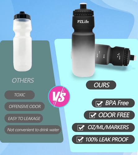 24oz Bike Water Bottle, Cycling Squeeze Water Bottle Leak Proof BPA Free | with Capacity Scale w/Pull Top Lid, Reusable, for Bicycle,Gym, School - color: Black