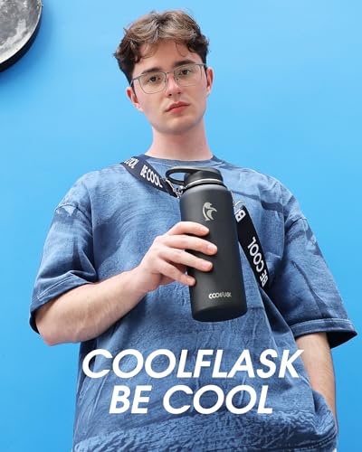 Coolflask 40 oz Water Bottle Insulated Stainless Steel with Strap - color: Magic Black, size: 40 Ounces
