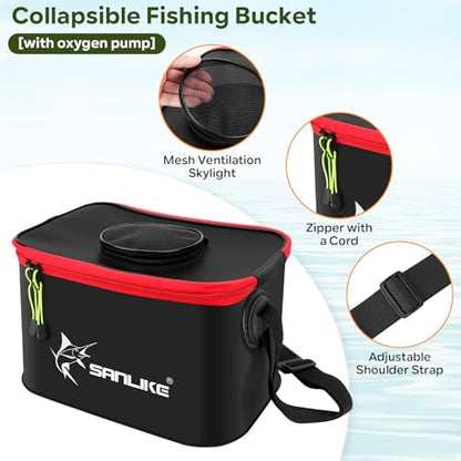 SANLIKE Foldable Live Fish Bucket, EVA Fishing Bait Bucket, 35/40/45CM Collapsible Fish Container, Leakproof Livewell for Kayak Boat Bank Fishing, Black/Army Green - color: Black-35cm