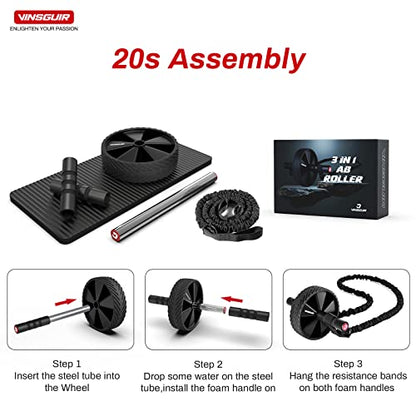 Vinsguir Ab Roller Wheel Kit- Ab workout equipment with Resistance Bands & Knee Mat，Exercise Roller for Core Strength Training & Home Gym Fitness, Abdominal Carver Machine for Men & Women