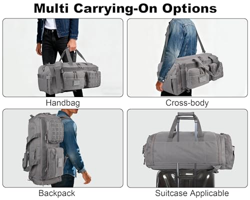 LHI 50L Tactical Duffle Bag for Men, 3-in-1 Gym Duffle and Backpack, Shoe Compartment, Laptop Sleeve and MOLLE, Carry-On Travel Weekender and Overnight Bag – Gray - color: Gray