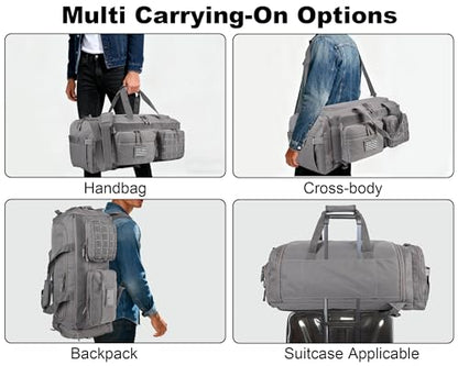 LHI 50L Tactical Duffle Bag for Men, 3-in-1 Gym Duffle and Backpack, Shoe Compartment, Laptop Sleeve and MOLLE, Carry-On Travel Weekender and Overnight Bag – Gray - color: Gray