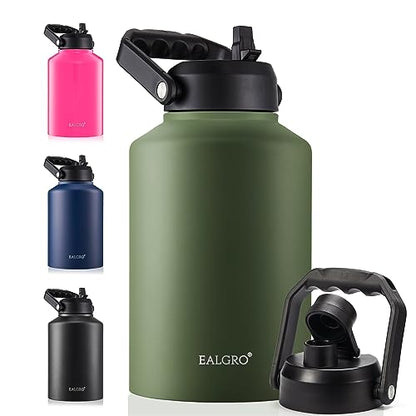 EALGRO Gallon Insulated Water Bottle Jug with Straw, 128 oz Large Stainless Steel Sports Metal Water Canteen With Handle, Thermal Water Cup Mug with 2 Lids, Army Green